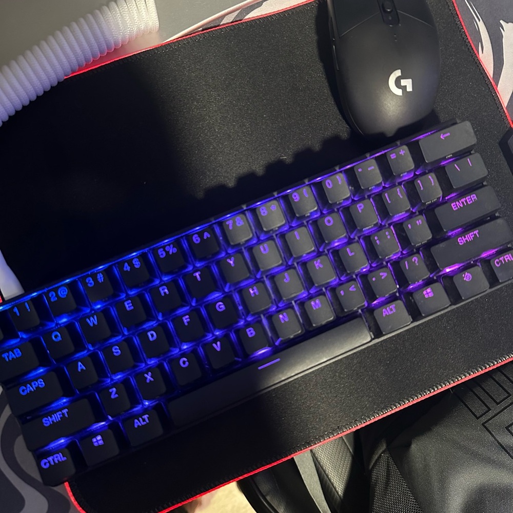 Gaming keyboard, mouse, and mouse pad.